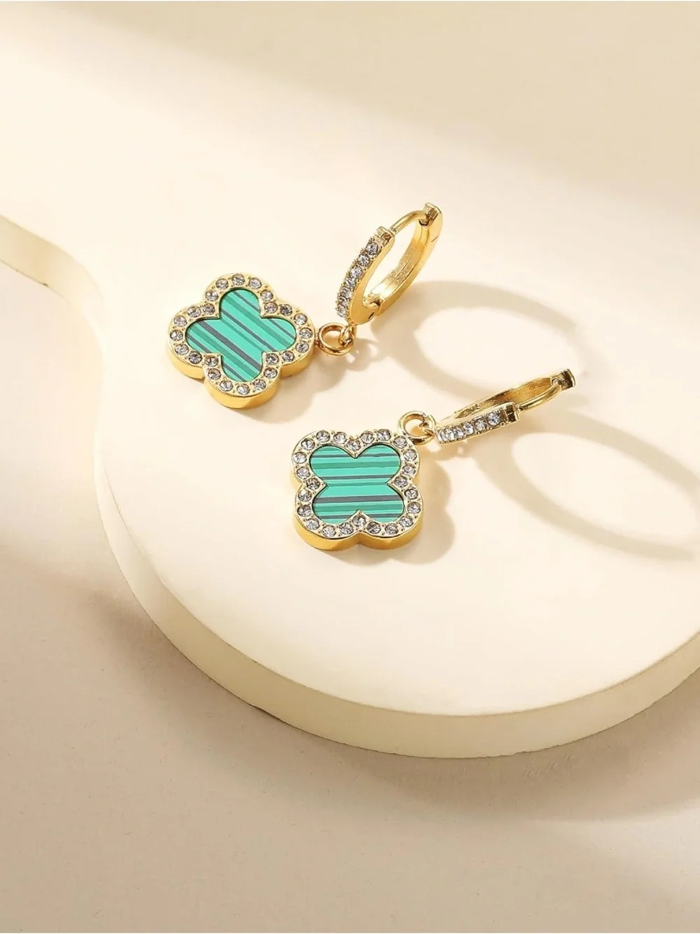 Alhambra Style 18K Gold Plated Green Clover Drop Hoop Earrings NEW